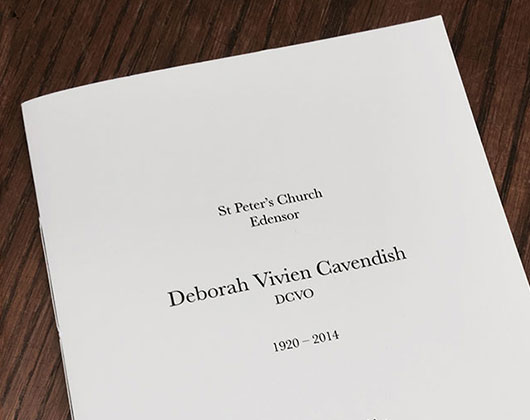 duchess of devonshire, funeral order of service, chatsworth, print design, graphic design, derbyshire, sheffield, chesterfield, manchester, derby